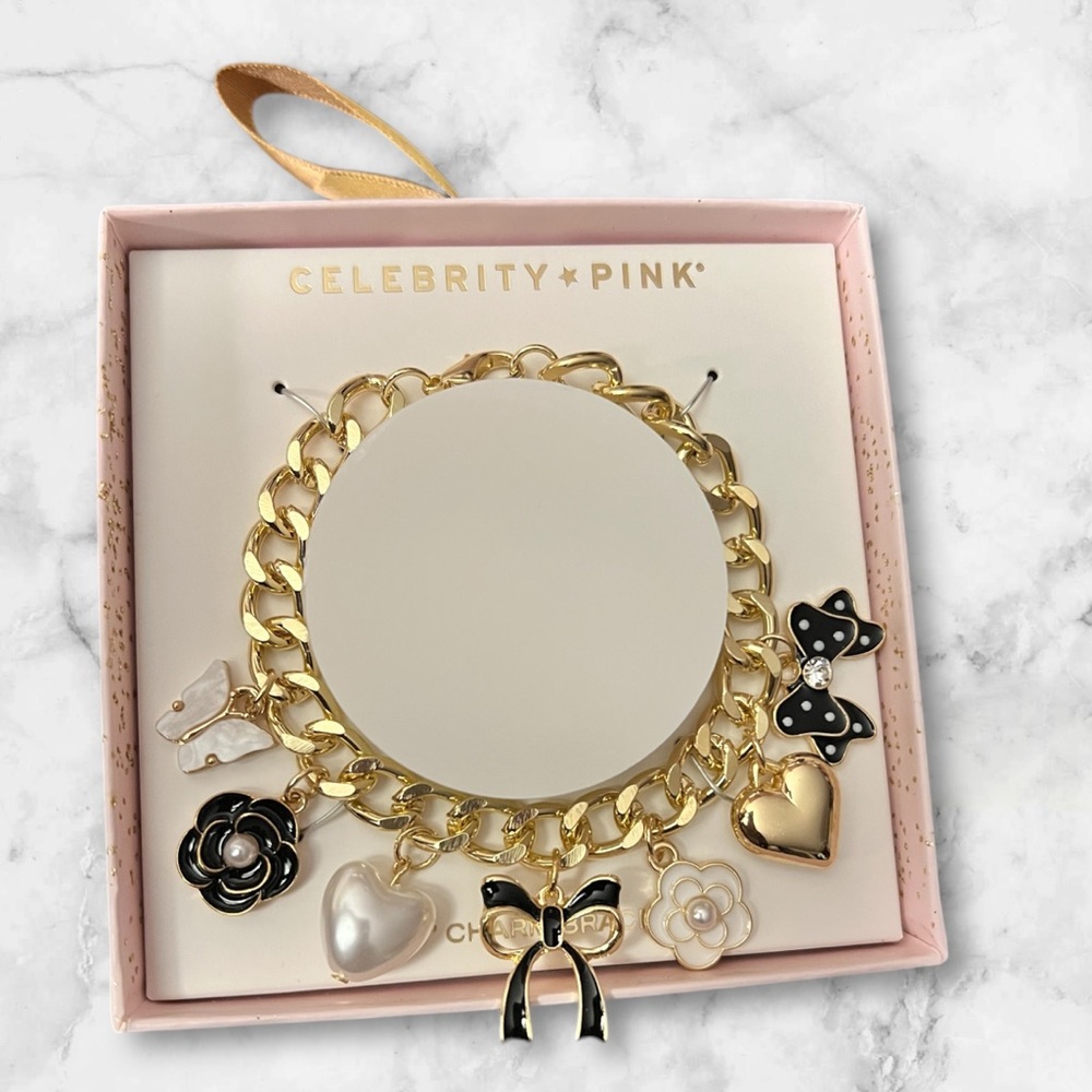 Celebrity Pink Black & White Charms Gold tone Bracelet New